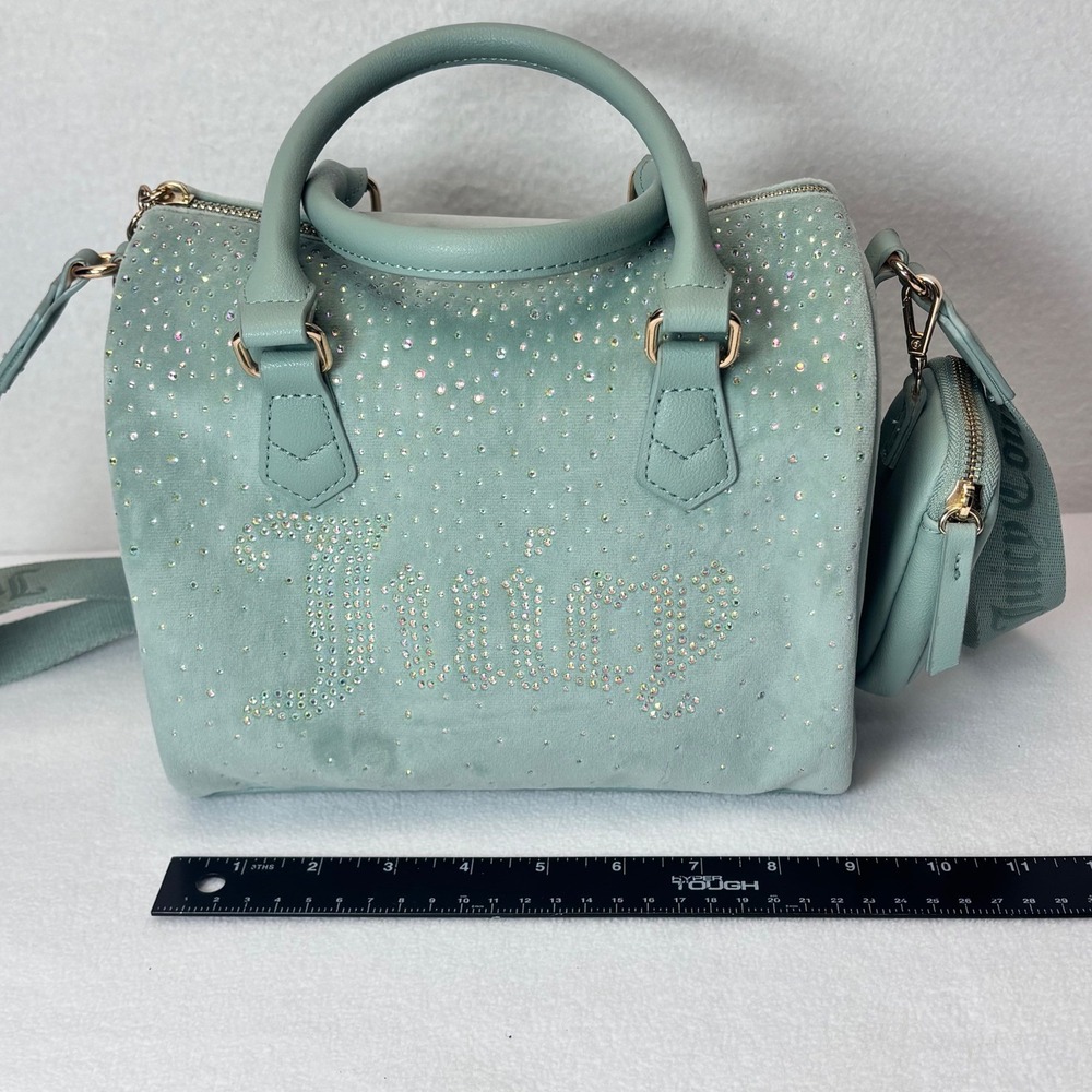 Juicy Couture Crossbody Satchel Bag Y2K Mint Green Blue Rhinestone Velour - Picture 10 of 14